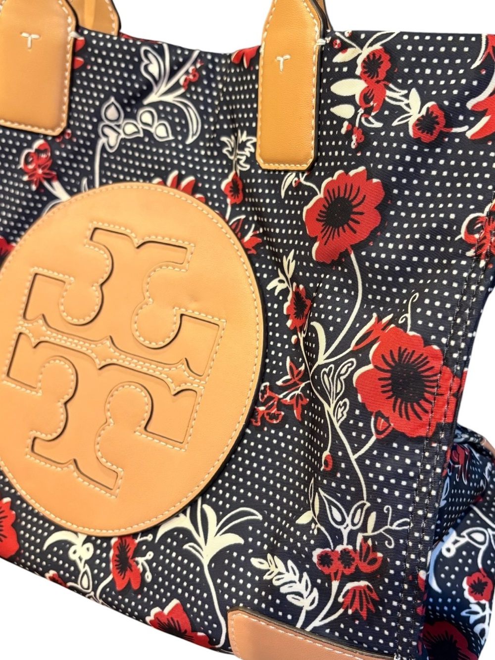 TORY BURCH Ella Tote Bag Purse Nylon Navy and Red Floral - Picture 4 of 13
